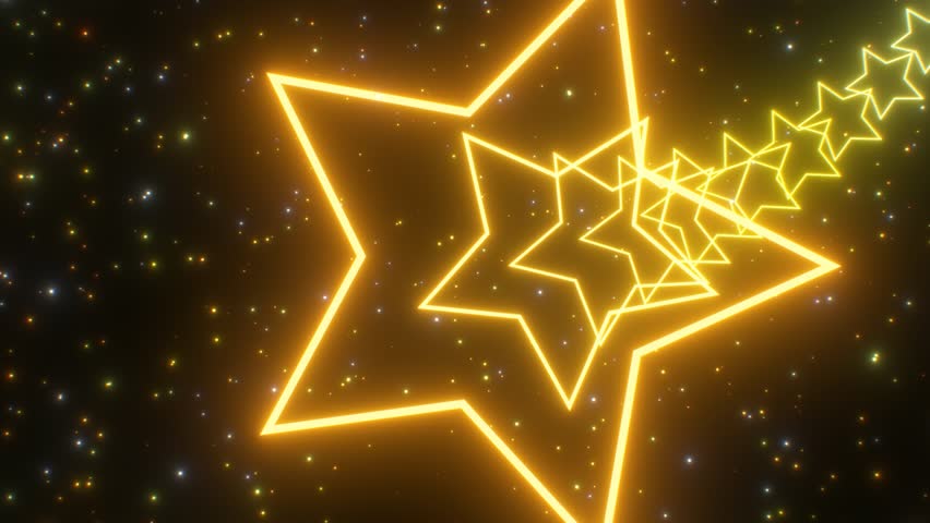Fly Through Golden Glowing Neon Star Twisting Turning Tunnel In Space - 4K Seamless VJ Loop Motion Background Animation