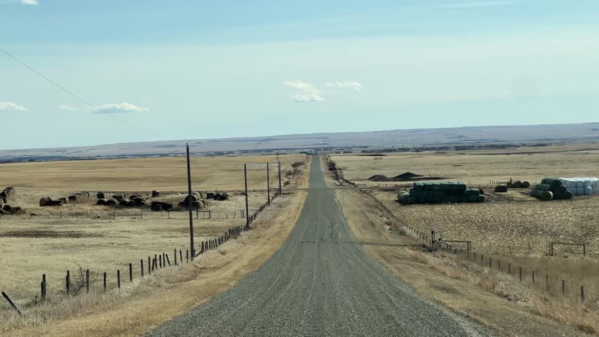Backcountry gravel road driving through rural Alberta landscape with open prairie views