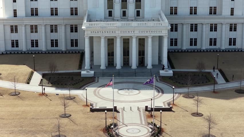 A close-up drone shot of the new Spartanburg county court house in South Carolina.