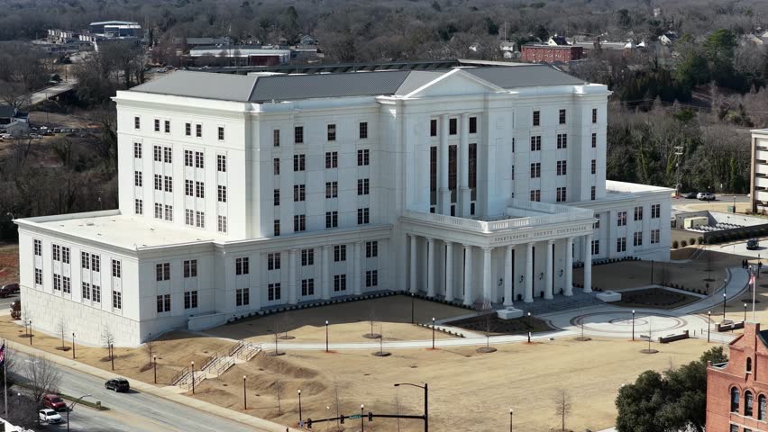 A dolly out drone shot of the Spartanburg County Courthouse.