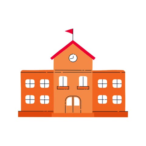 Illustration of a school building with a red flag on a white background