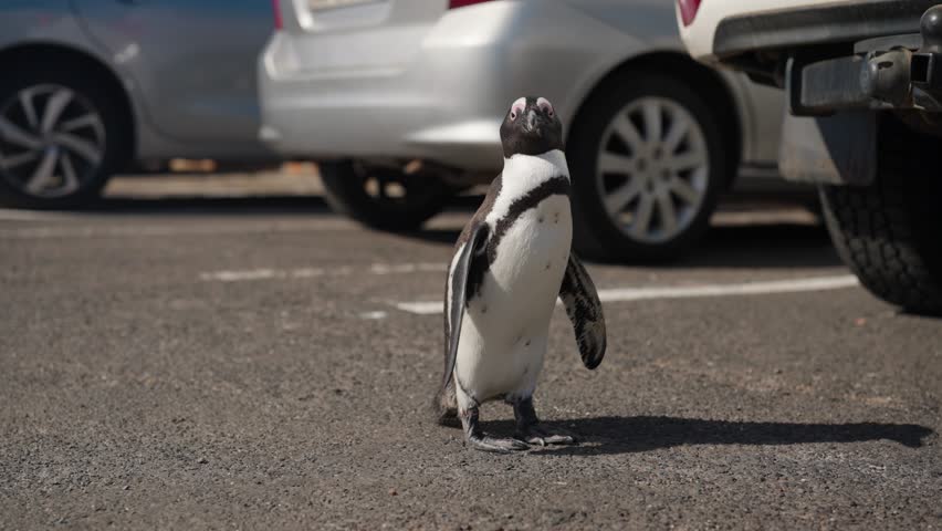 An African Penguin observing the surroundings as he stands on the tarmac in a carpark with vehicles parked in the background showing human wildlife conflict