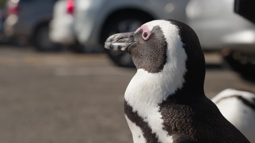 Close up shot of an African Penguin looking around a busy carpark showing human wildlife conflict at Boulders Beach in Cape Town South Africa