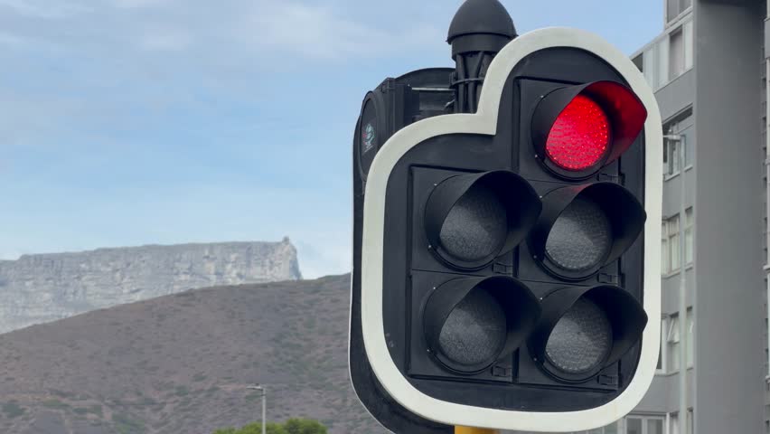 A traffic Light in Cape Town, with Table Mountain in the background.