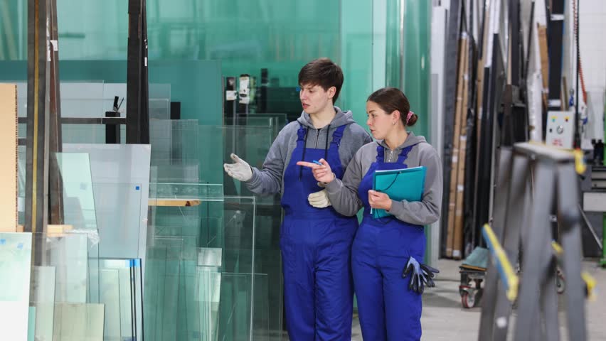 Young guy and young woman with folder glass factory workers discuss work process