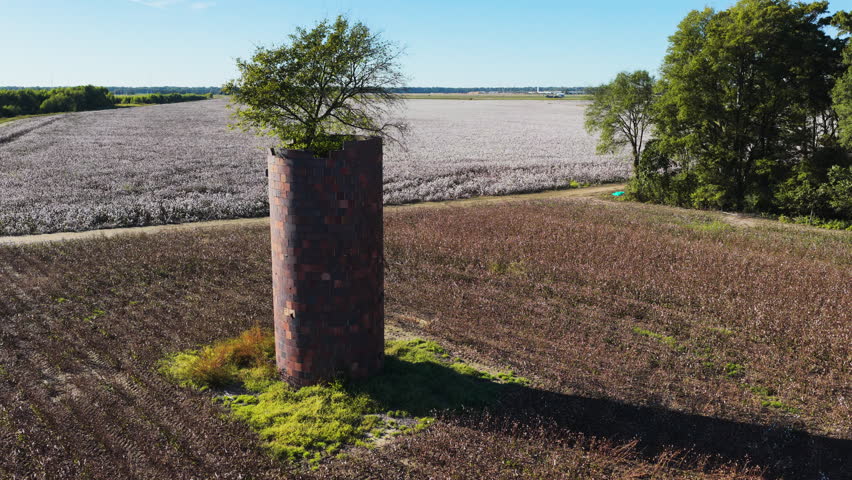 Tree In A Silo With Cotton Fields In The Background In Greenville, Mississippi. - aerial shot