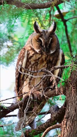 Long-eared Owl Perched on Pine Tree Branch in Dense Forest Habitat