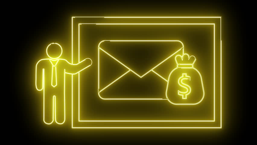 Neon illustration person envelope money bag within a glowing frame