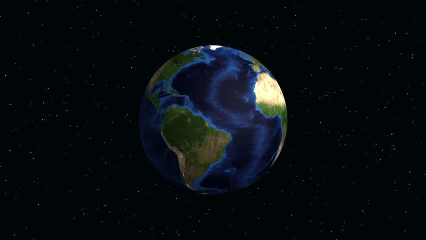 Digital animation zooms from a rotating Earth in space to Kitchener Ontario with location data