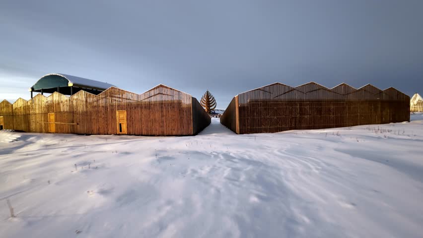 A large wooden tree sculpture stands in a snowy field with a small fence around it, under a cloudy sky.