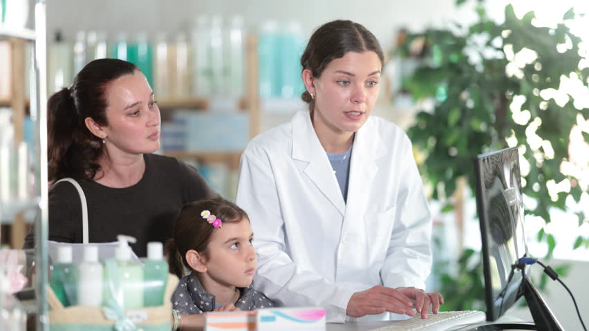 Polite young female pharmacist offering medicament to mother with daughter in chemist's shop 