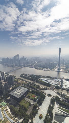 timelapse view of the amazing skyscraper skyline of guangzhou china from high vantage point in vertical