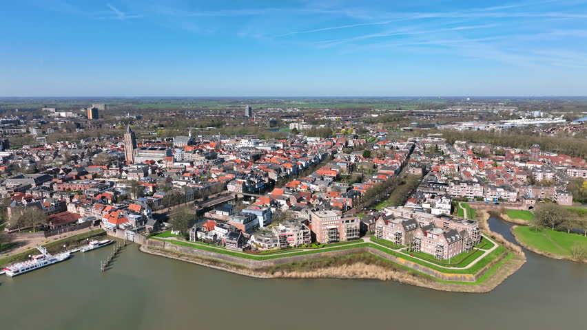 Aerial view of the historic fortified city Gorinchem with riverside waterfront and traditional architecture in the Netherlands