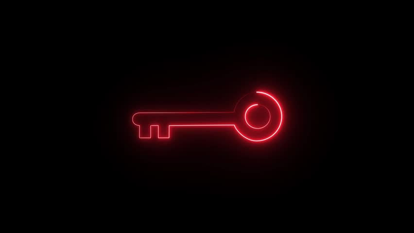 a graphic illustration of a key depicted with a glowing red neon outline against a black background. It uses a neon light effect to create a futuristic or high-contrast visual.