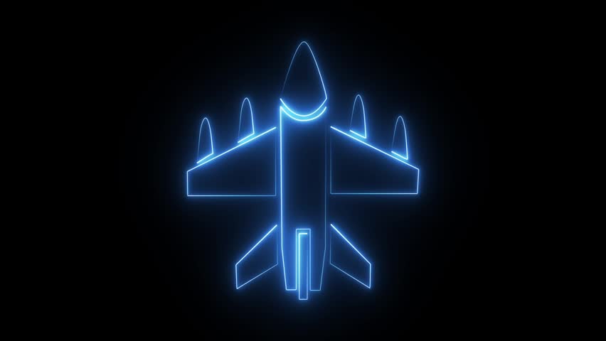  a blue neon outline of a fighter jet or warplane against a black background. A minimalist, stylized representation of an aircraft, likely from a video game or a neon sign.