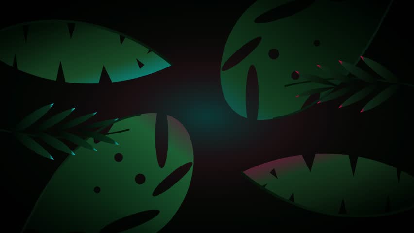 Graphic animation of stylized tropical leaves surrounding a glowing neon rectangular frame against a dark background.