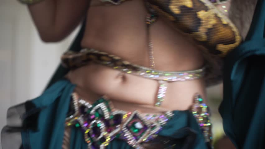 Beautiful woman belly dancing with snake oriental dance at Turkish wedding