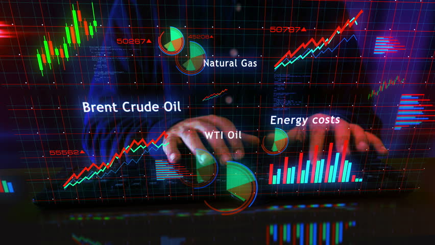 Oil and LNG price charts and graphs diagram with man typing computer keyboard. Digital analysis and report on 3d screen display.