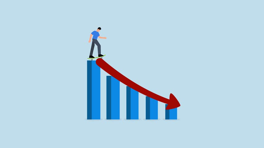 Prepare for economic downfall, 4k animation of Considerate businessman with skateboard getting ready to race down financial chart