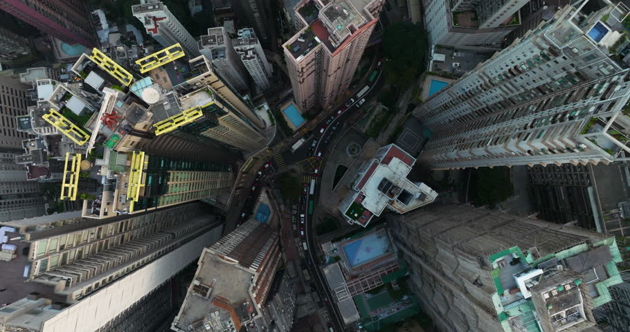 Top-down Aerial View Of Skyscrapers And Street In Hong Kong. - aerial shot