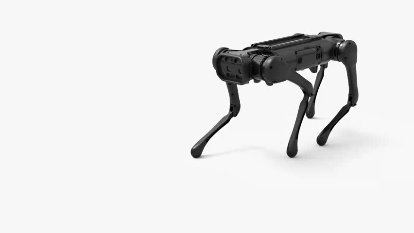Robotic dog walking to the left with steady, controlled mechanical steps, showing balanced leg movement and smooth directional motion. Futuristic technology footage suitable for robotics demonstrations, innovation themes, and autonomous systems content.

