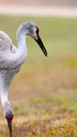 Florida sandhill crane feeding large col chick, parent and offspring behavior in wetland habitat