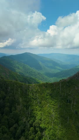 Chimney Tops peaks in Great Smoky Mountains in summer season. Mountain wooded hills in Tennessee Appalachians, USA.