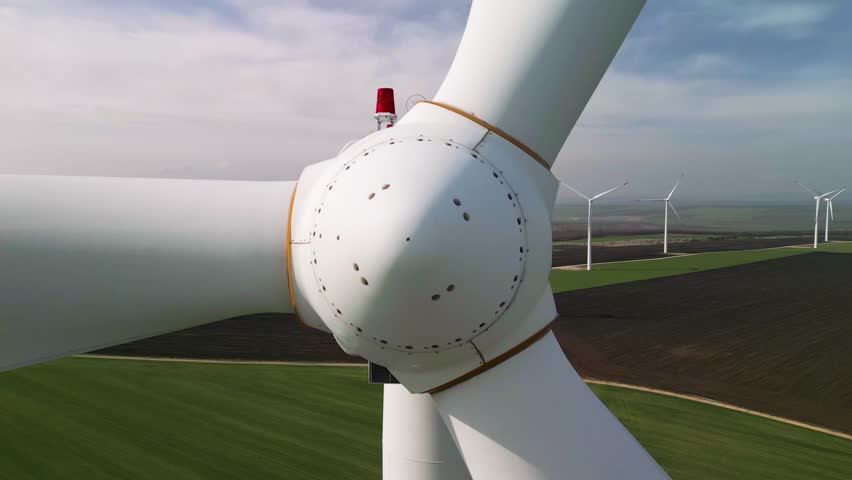 Extreme close-up drone footage of a wind turbine nacelle and rotor blades. Detailed view of sustainable energy technology with a vast wind farm and green fields in the background.