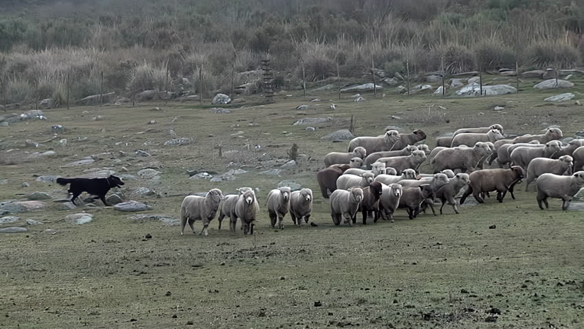 Herding Dog Guiding Sheep Flock Across Rocky Pasture in Argentine Countryside - 4K