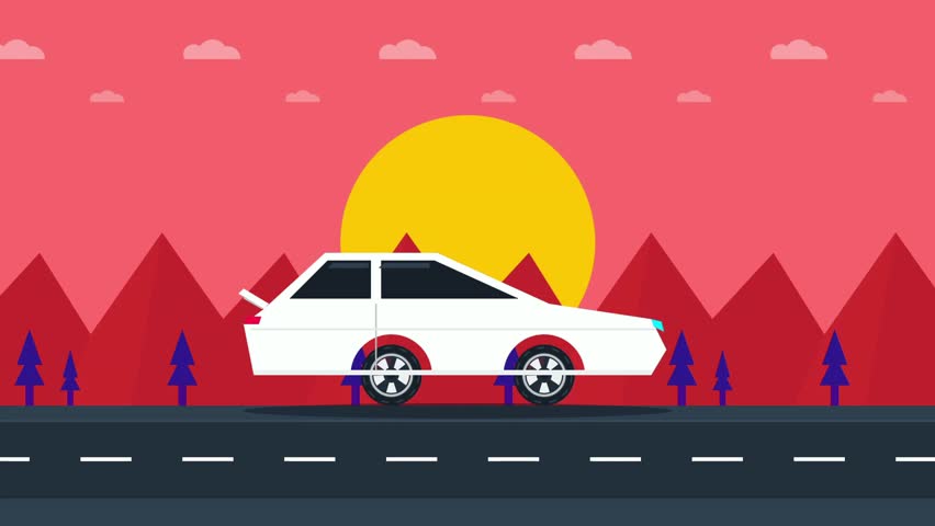 Flat Design Vector Illustration of a White Car Driving on a Road at Sunset
