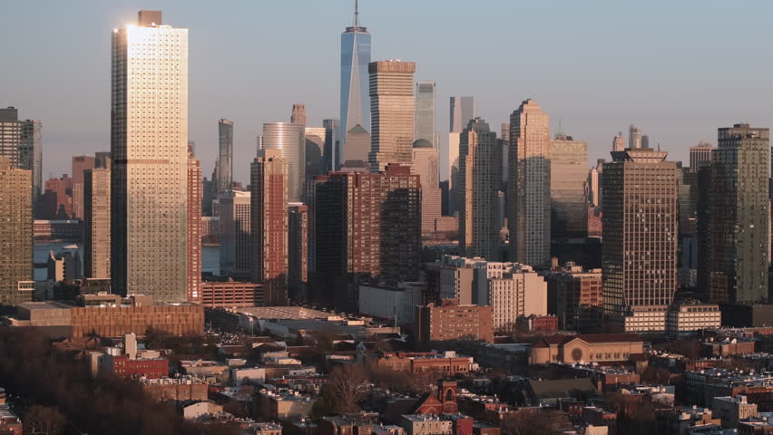 Aerial view of Jersey City and Lower Manhattan. Shot at sunset on a spring day