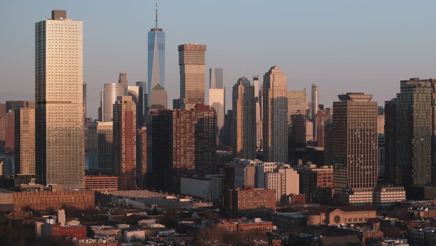 Aerial view of Jersey City and Lower Manhattan. Shot at sunset on a spring day
