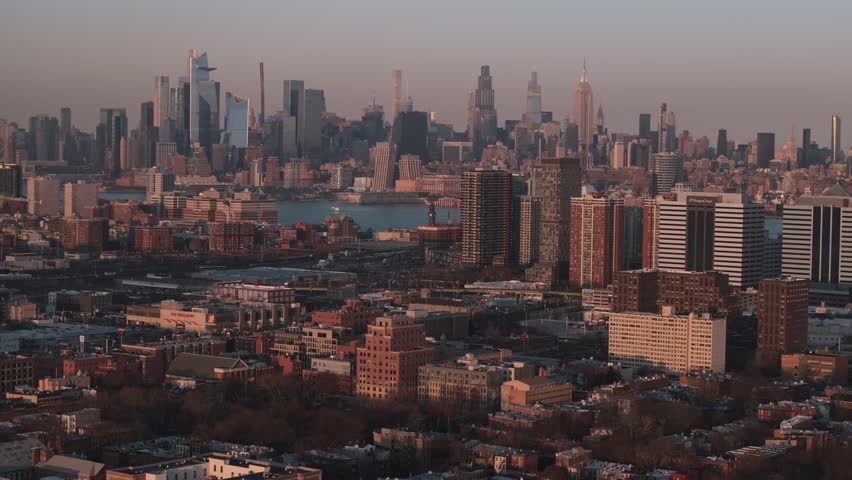 Aerial view of Jersey City and Manhattan. Shot at sunset in New Jersey.