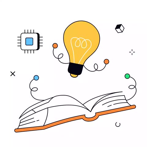 A light bulb with limbs emerges from an open book near a microchip. This represents the fusion of educational resources with modern technology for smart machine learning.