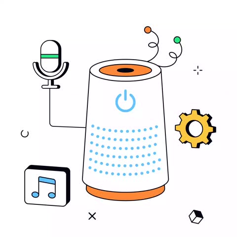 A smart speaker is connected to a microphone icon alongside a musical note and a gear. This represents voice recognition technology and automated home entertainment systems.