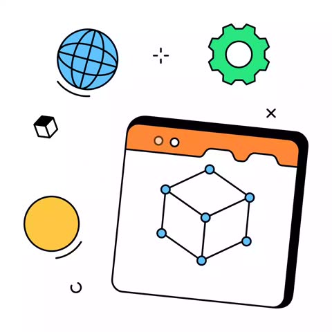 A web browser window displays a wireframe cube alongside icons of a globe, a gear, and a checkmark. This represents technical development and digital transformation through automation.