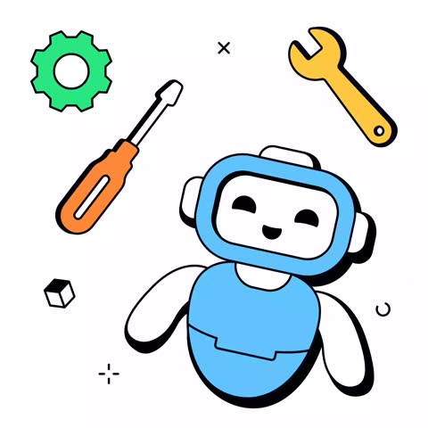 A friendly machine character is surrounded by a wrench, a gear, and a screwdriver. This concept represents technical support, automated maintenance, and the development of intelligent systems.