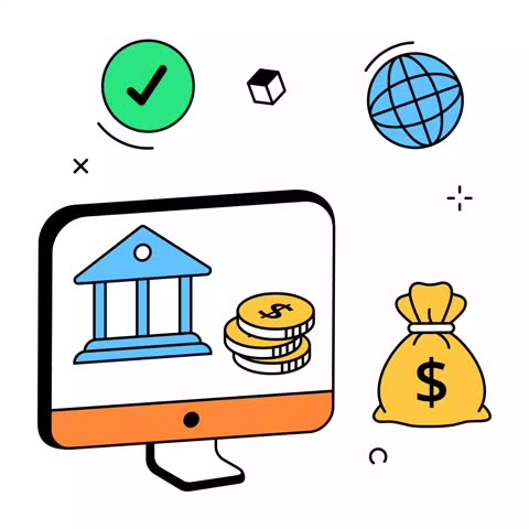 A computer monitor displays a bank icon and coins next to a money bag and globe. This represents global digital financial services and electronic wealth management.