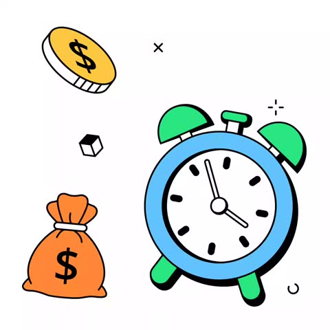 An alarm clock stands beside a money bag and a descending coin marked with a currency symbol. This visual illustrates the concept of time management in personal finance and investment growth.
