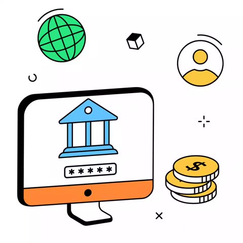 A desktop monitor shows a bank icon and password input alongside a globe, profile icon, and stack of coins. The scene illustrates online financial security and global digital banking services.