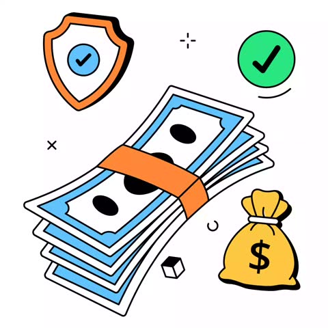 A stack of banknotes bound by a band, a money bag with a currency symbol, and a shield with a checkmark. This represents financial security, insurance coverage, and the protection of monetary assets.