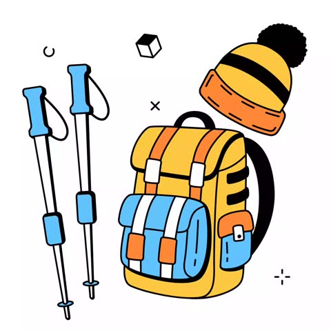 A backpack, two trekking poles, and a knit beanie are shown. This set represents preparation for outdoor mountain hiking and winter sports adventures.