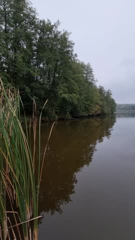 Panorama of a lake in autumn woodland. Pier and green forest reflecting on the calm water. Serene landscape with overcast sky.