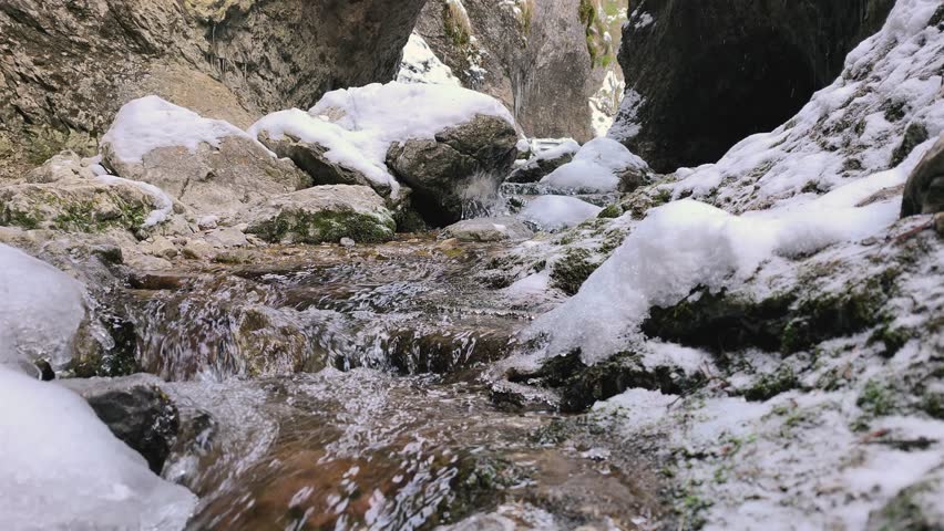 Mountain Stream Flowing Through Winter Mountains Canyon