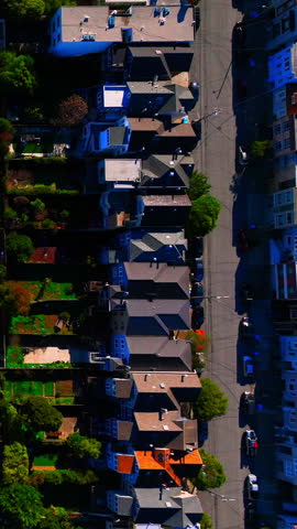 Top down aerial perspective of a row of Victorian style houses with gardens, trees, and street parking. Residential houses and backyards San Francisco. Vertical video.