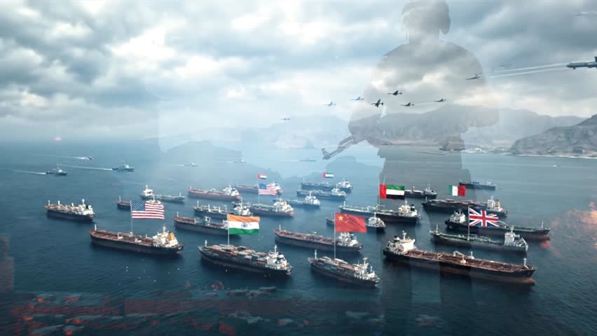  Soldier Standing with Rifle and Ships Stalled in Ocean Background