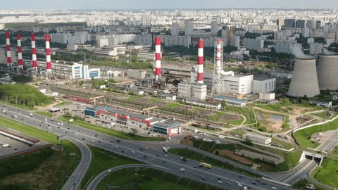 Rising Backward Aerial View Moscow Thermal Plant