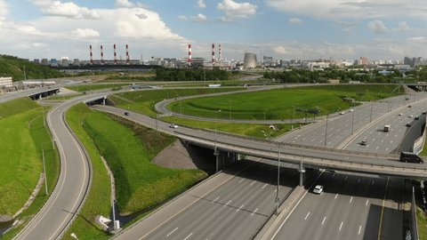Drone Flying Forward over Highway near Moscow