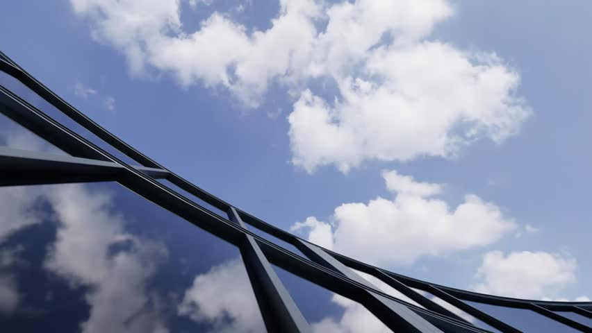 Glass facade modern architecture office building steel frame reflection, reflective window, blue sky cloud, low perspective curve