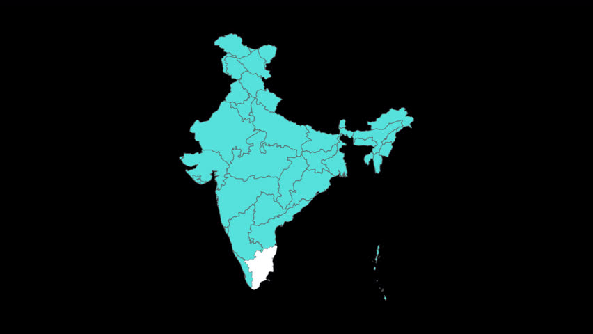 Tamil Nadu India map highlight animation. State location pin on India map geography concept